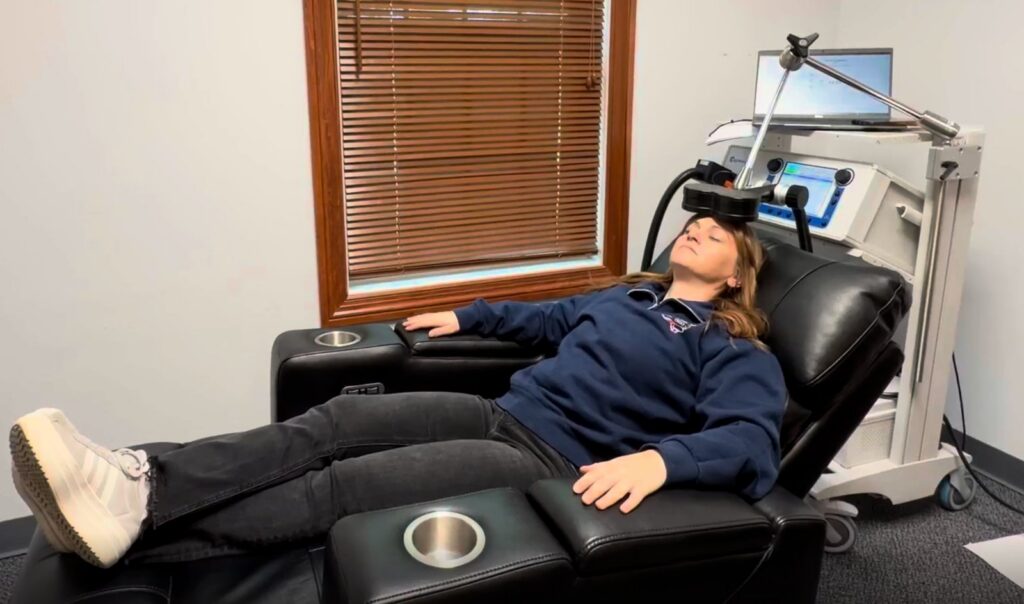 TMS treatment session in progress at the D2 Human Performance office in Columbus, Georgia